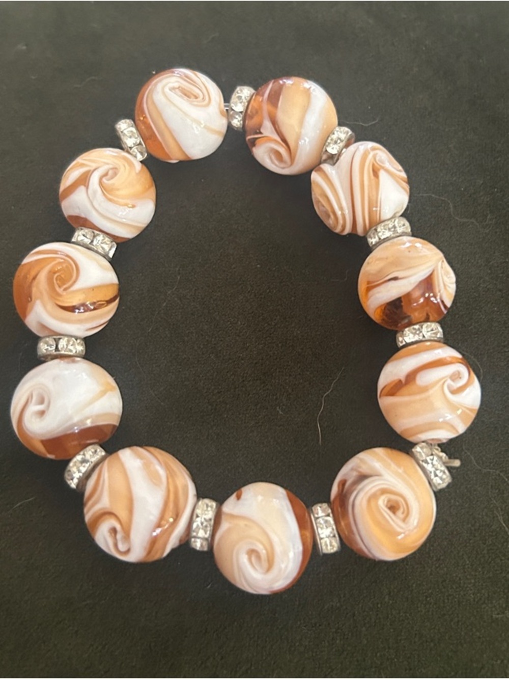 Swirled Brown & Cream Beaded Stretch Bracelet with Rhinestone accents